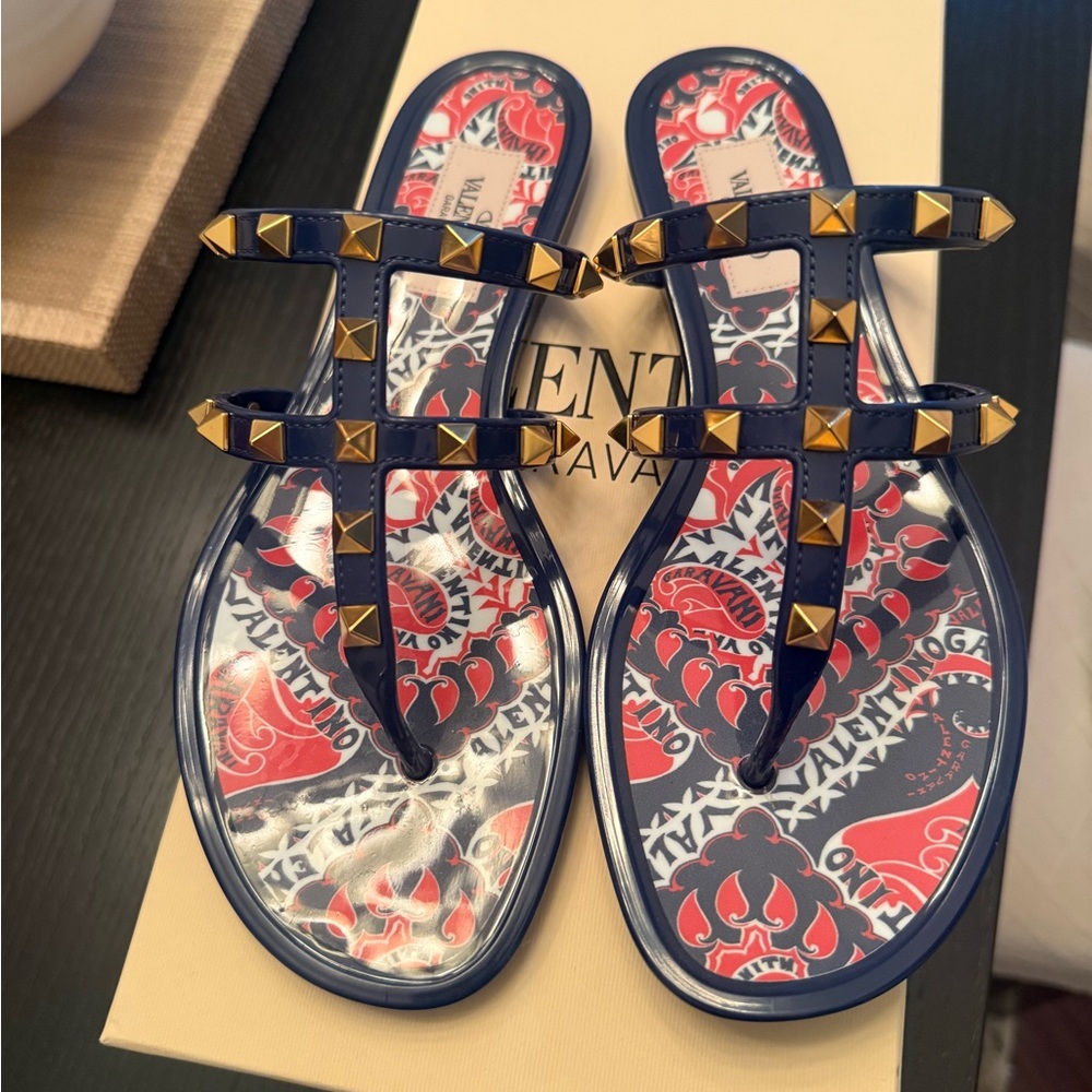 Valentino Navy and Gold Studded Sandals
